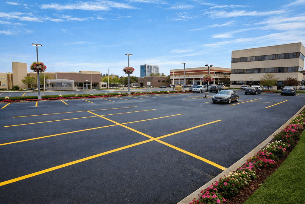 On-site parking area with multiple parking spaces, providing ample parking for tenants and visitors.”